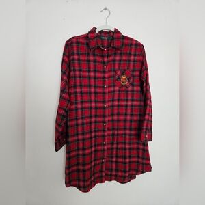 Ralph Lauren Red and Green Embroidered Crest Flannel Sleep Shirt | M